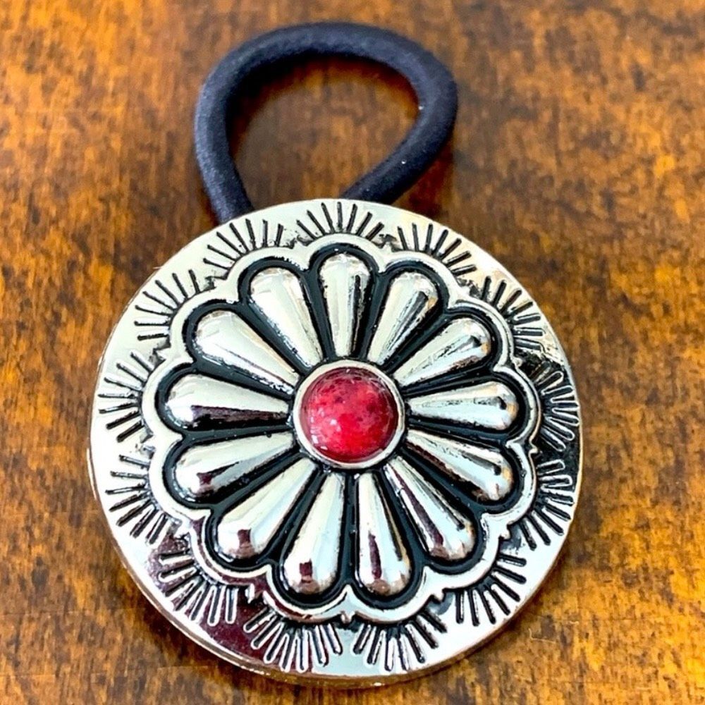 Men’s Western Concho Hair Tie Navajo Style Red Accent Stone